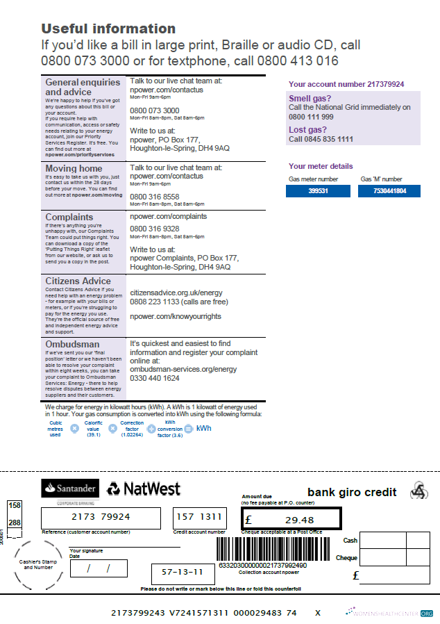 download United Kingdom Npower utility bill template in Word and PDF formats, 3 pages, 3rd page PDF template
